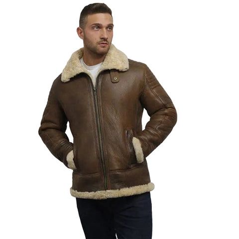 men’s brown sheepskin leather aviator jacket back view