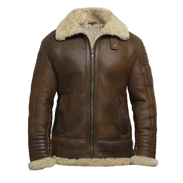 men’s brown sheepskin leather aviator jacket front view