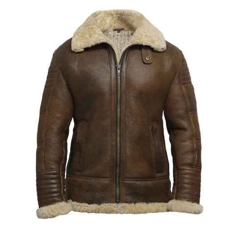 men’s brown sheepskin leather aviator jacket front view
