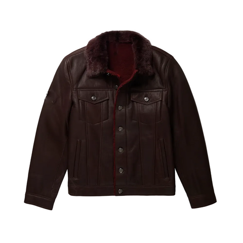 Men’s brown sheepskin shearling trucker jacket
