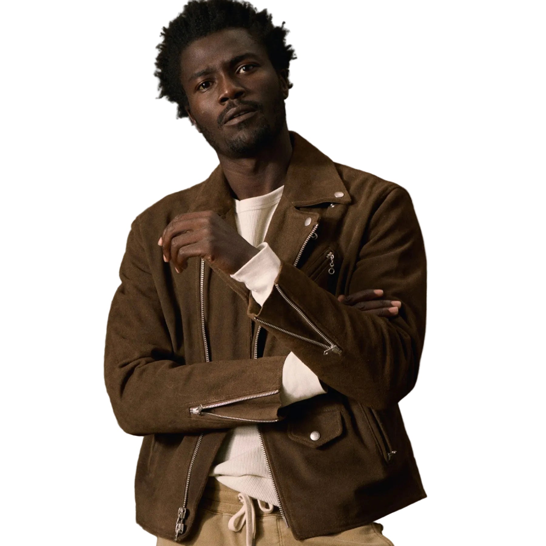 Men’s brown suede bomber jacket with denim style pockets
