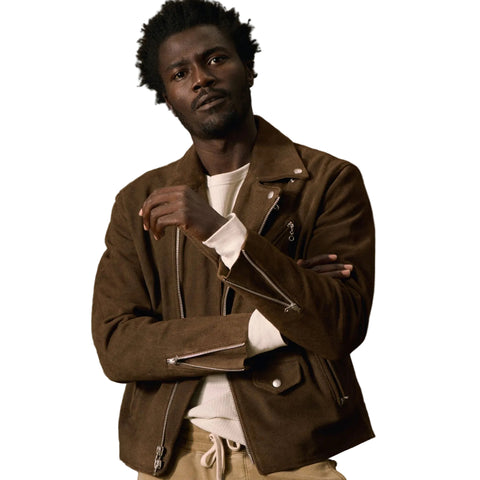 Men’s brown suede bomber jacket with denim style pockets
