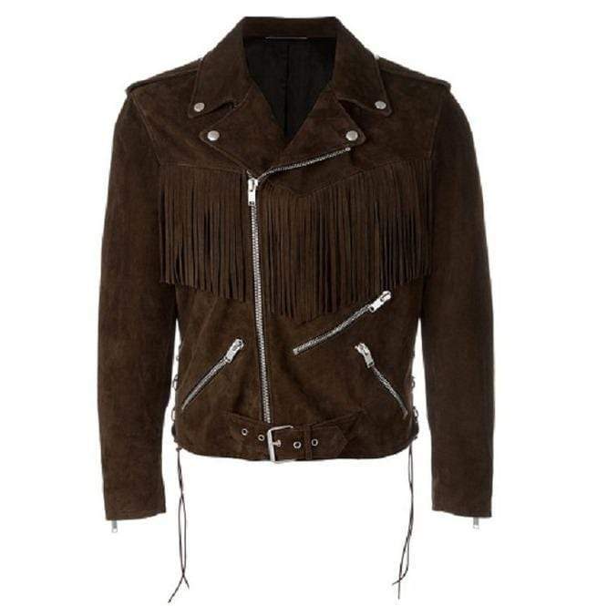 men's brown fringe suede leather jacket orion front view