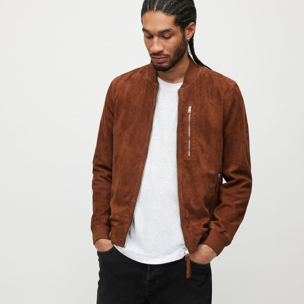 Men’s brown suede leather bomber jacket
