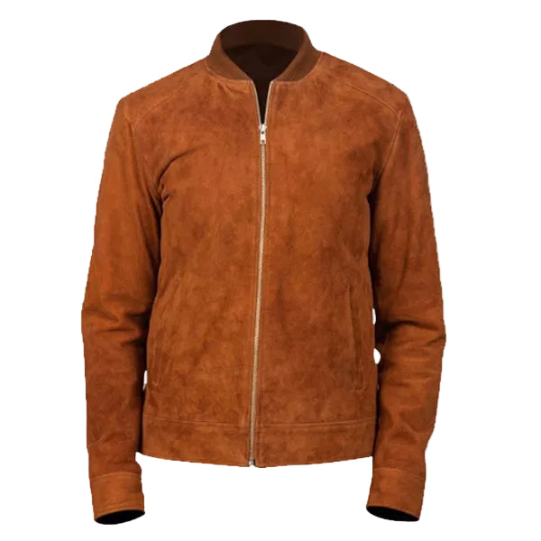 men’s brown suede leather bomber jacket front view