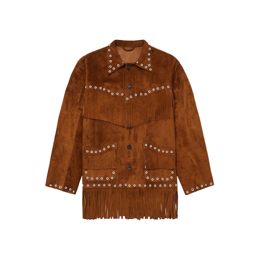 men's brown fringe suede leather jacket damon front view