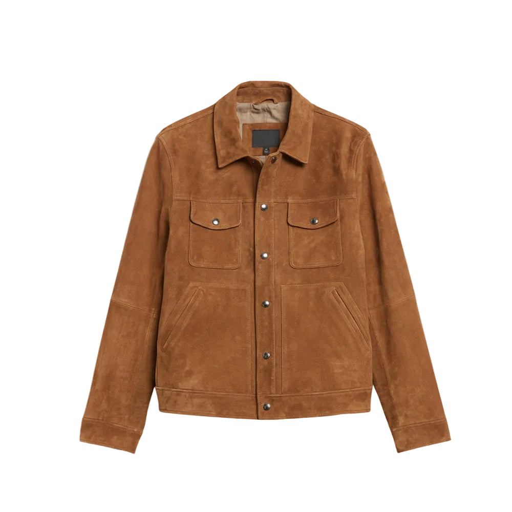 men's brown leather trucker jacket ronan front view