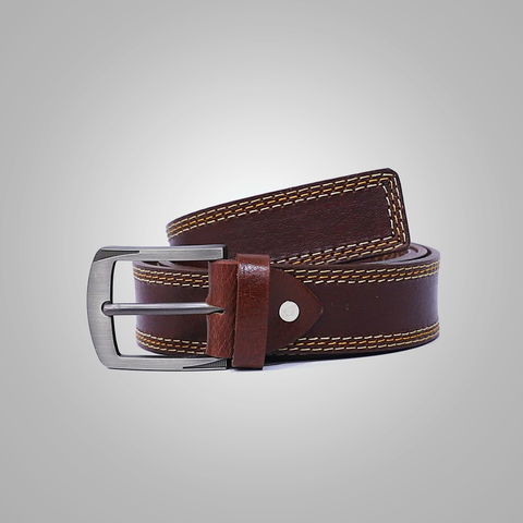 Men’s burgundy leather belt with thread edging
