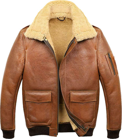 Men’s camel brown A2 shearling aviator bomber jacket
