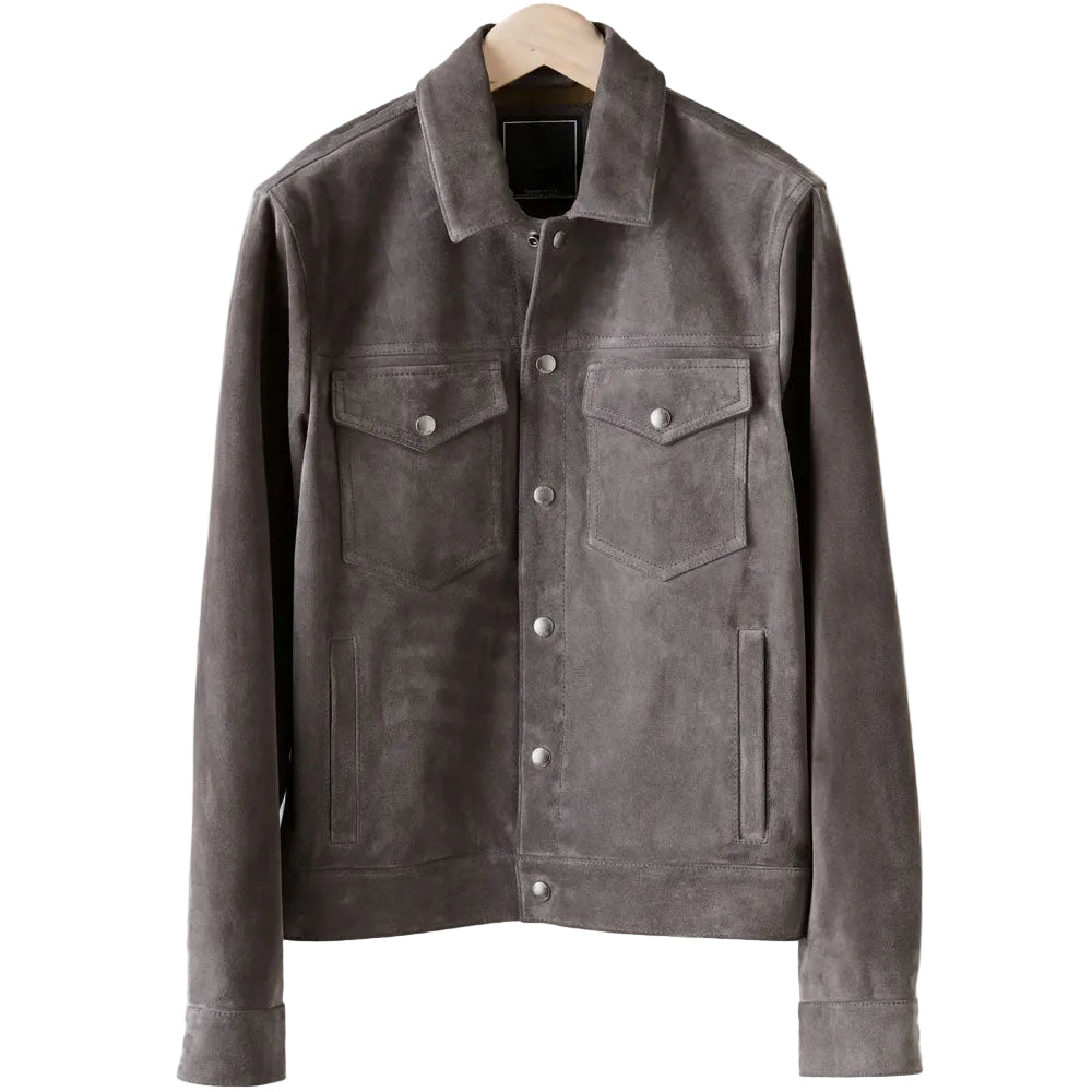 men's chocolate brown suede leather jacket marek front view