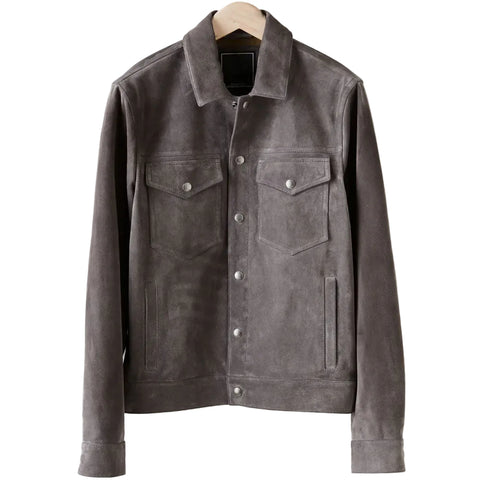 men's chocolate brown suede leather jacket marek front view