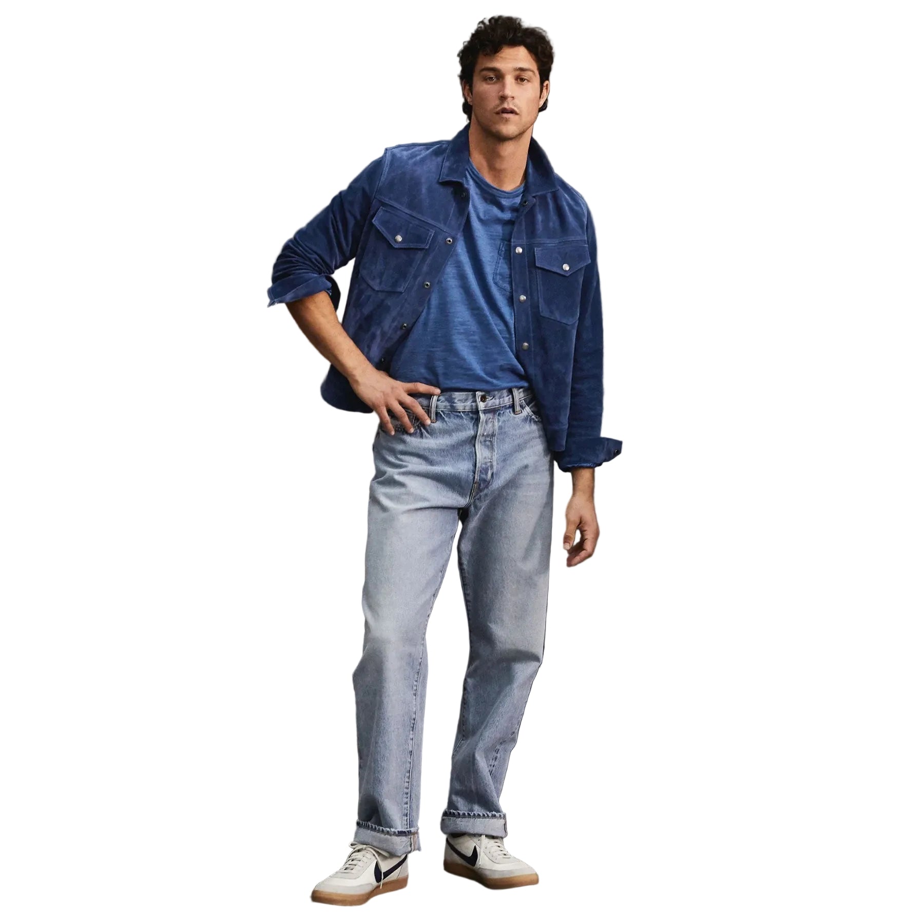 Men’s classic jeans style suede jacket in medium blue