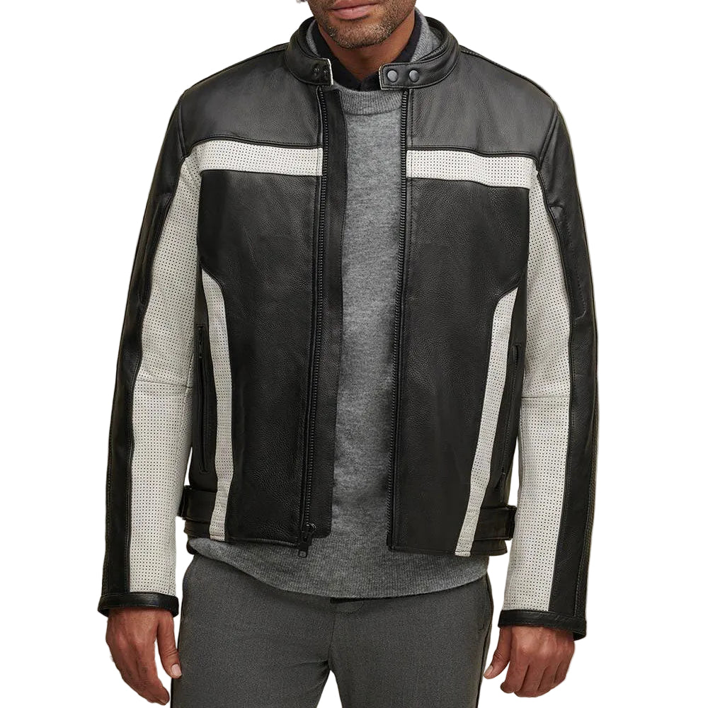 Men’s color block leather biker riding jacket
