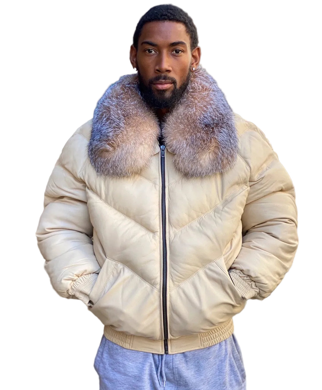 Men’s cream lambskin bomber jacket with crystal fox fur collar
