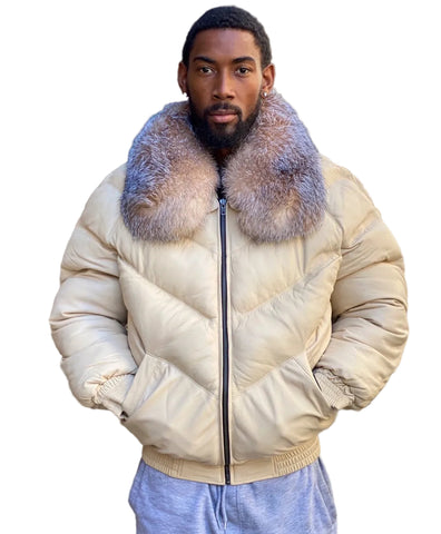 Men’s cream lambskin bomber jacket with crystal fox fur collar
