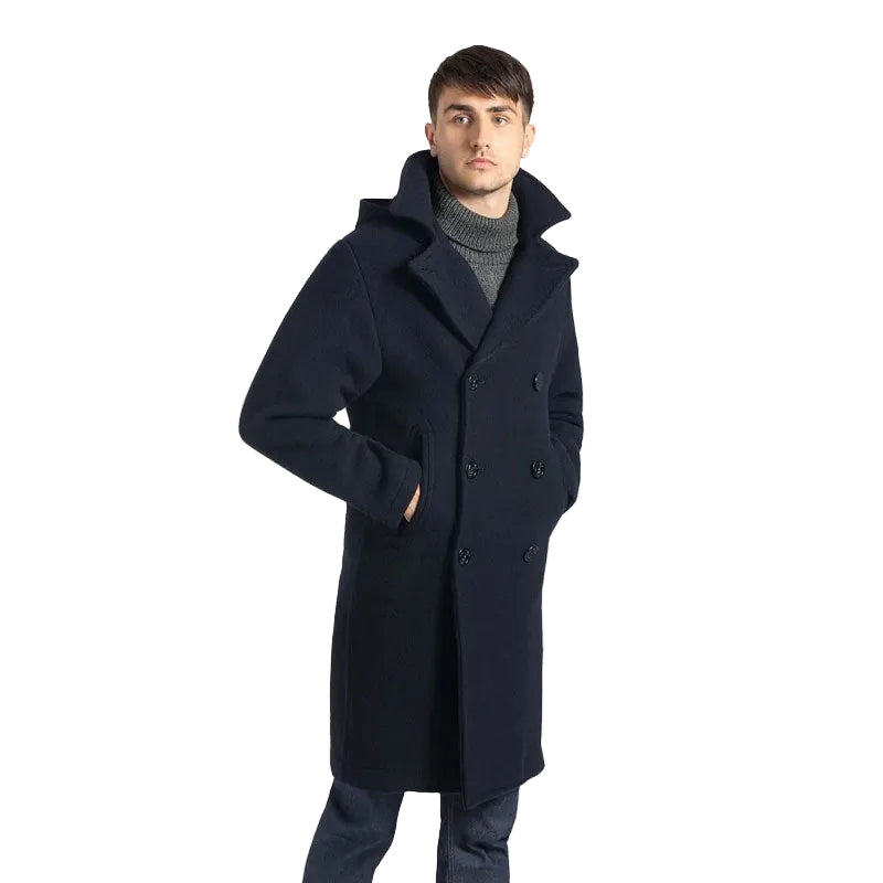 Men’s dark blue hooded wool peacoat
