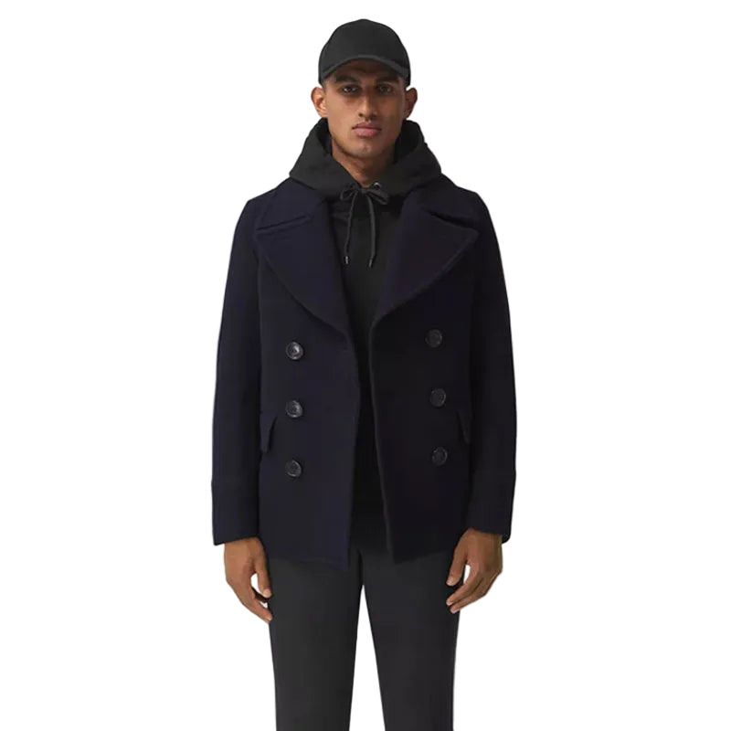 men’s blue cowhide leather coat front view