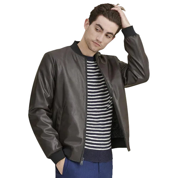 Men’s dark brown faux leather bomber jacket
