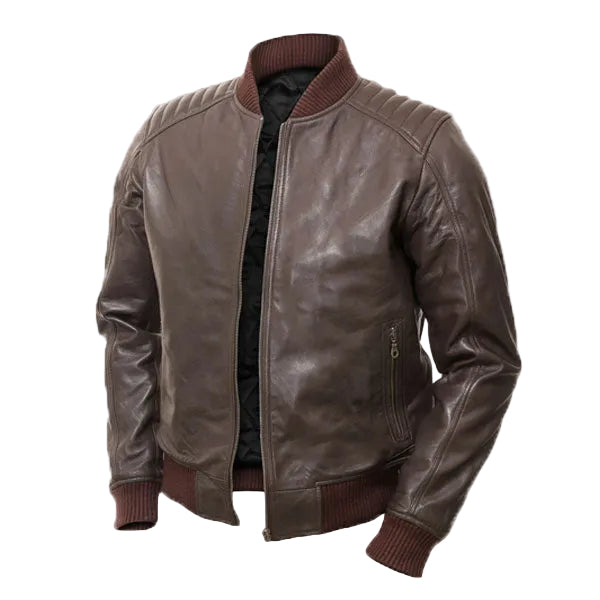 men’s dark brown cowhide leather bomber jacket front view