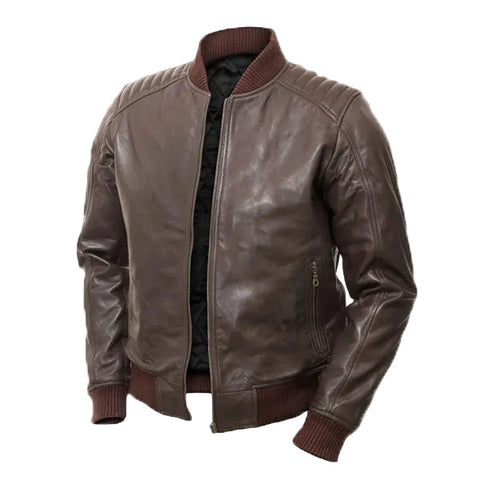 men’s dark brown cowhide leather bomber jacket front view