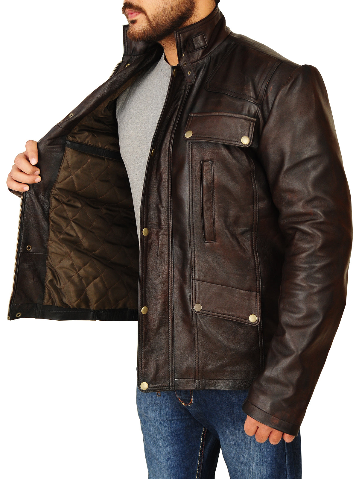 men’s dark brown cowhide leather jacket front view