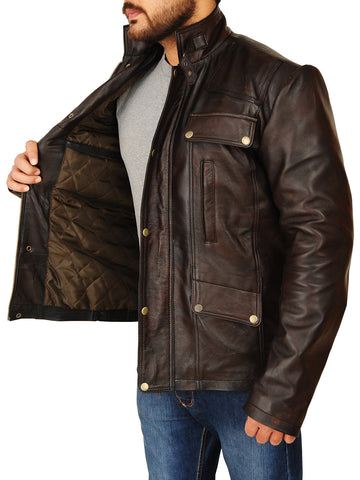 men’s dark brown cowhide leather jacket front view