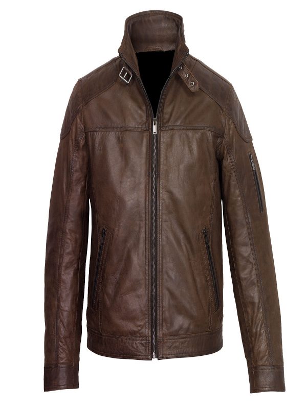 men’s dark brown cowhide leather jacket front view