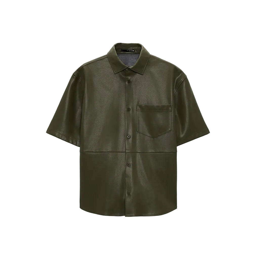 men's dark green leather shorts soren front view