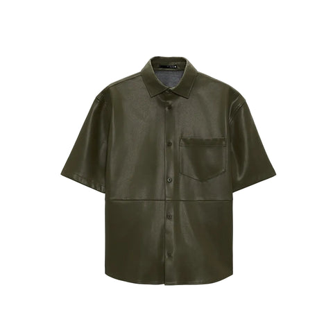 men's dark green leather shorts soren front view
