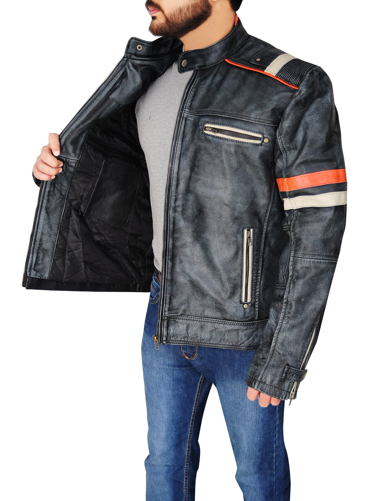 men's black distressed leather racer jacket brenner front view