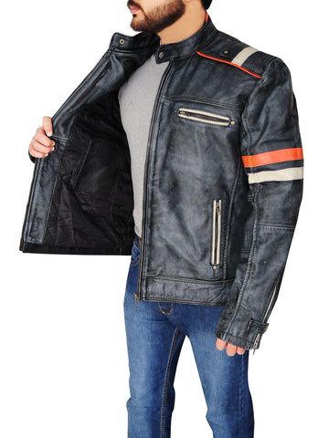 men's black distressed leather racer jacket brenner front view