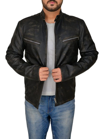 men's black distressed leather racer jacket lucien front view