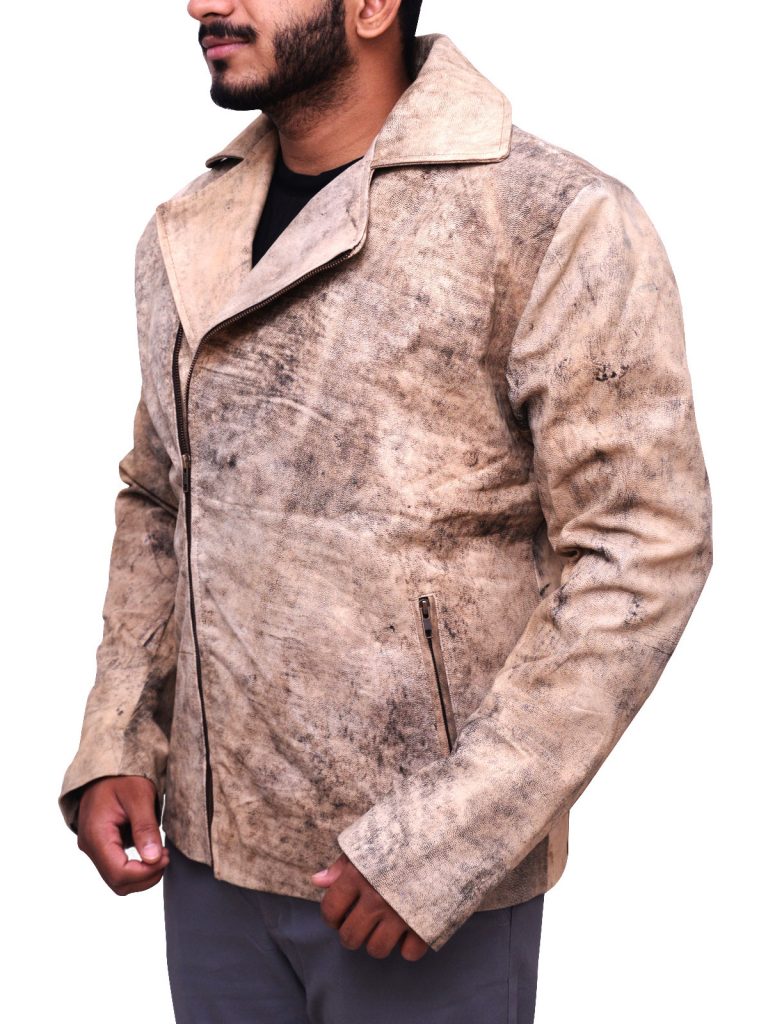 men's brown distressed leather biker jacket callen front view