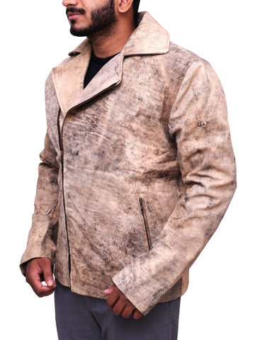men's brown distressed leather biker jacket callen front view