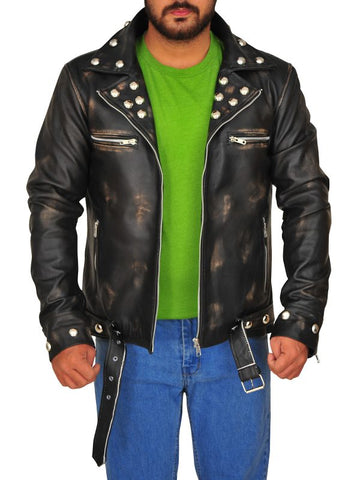 men’s brown faux leather jacket front view