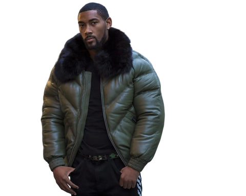 Men’s down filled leather bomber jacket in olive green