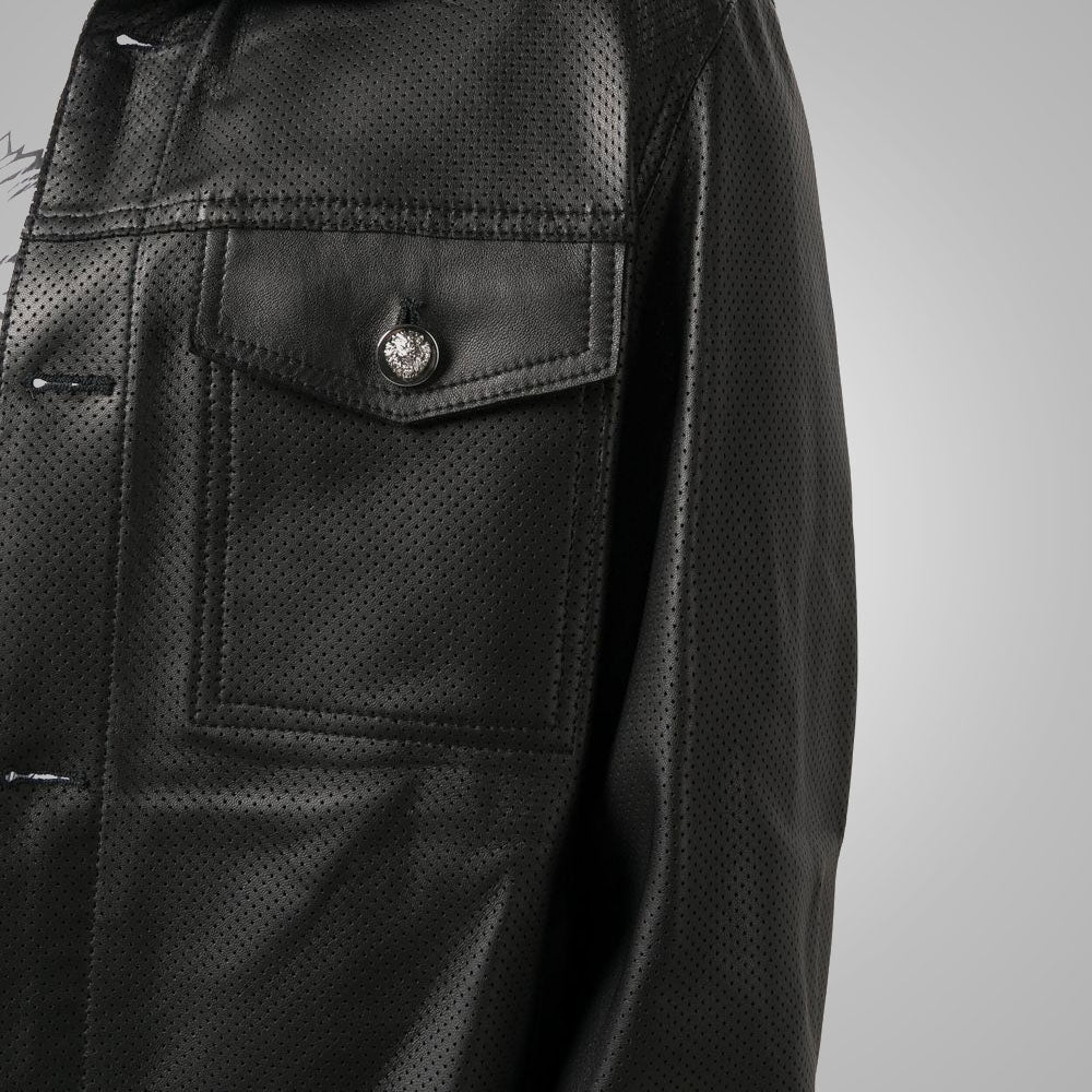 men's black lambskin leather shirt ronan texture detail