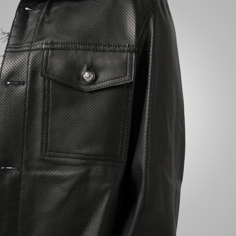 men's black lambskin leather shirt ronan texture detail