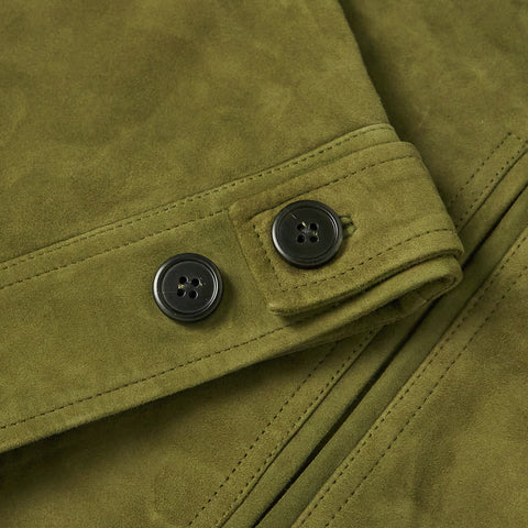 men's green leather trucker jacket leif detail close up