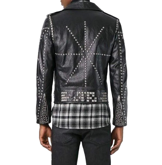 men's black studded leather biker jacket cedric back view