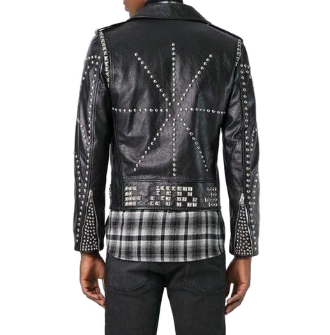 men's black studded leather biker jacket cedric back view