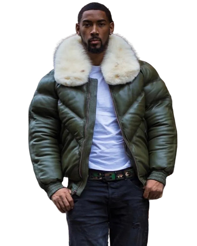 Men’s green lambskin bomber jacket with off white fur collar
