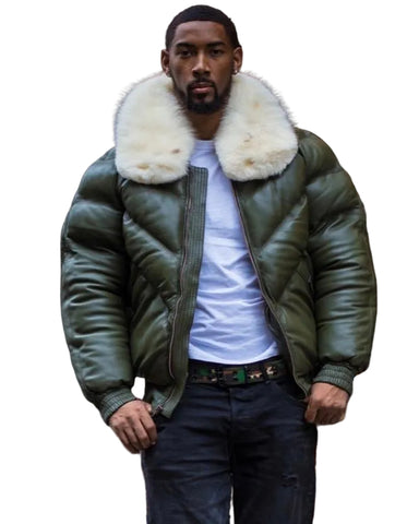 Men’s green lambskin bomber jacket with off white fur collar
