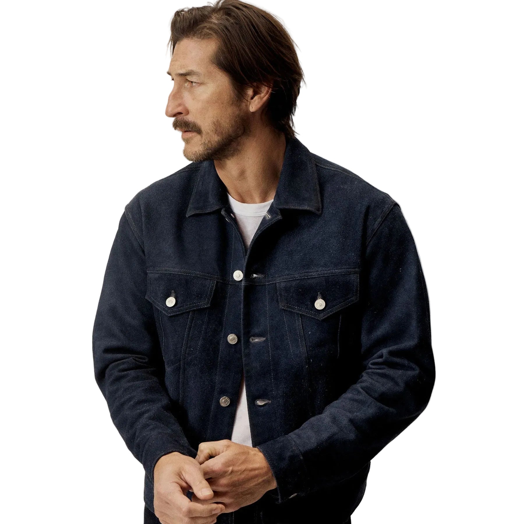 Men’s green suede bomber jacket with denim style pockets
