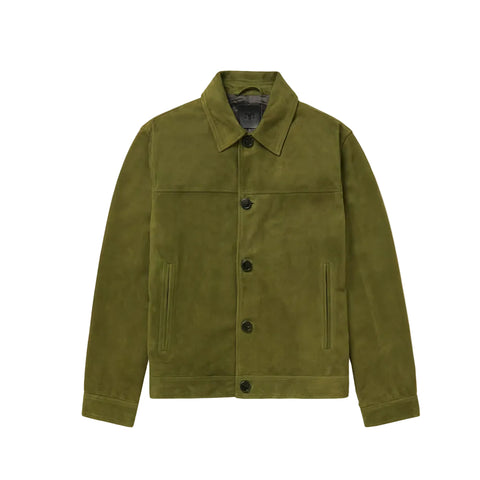 men's green leather trucker jacket leif front view
