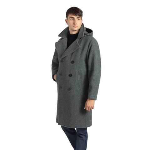 Men’s grey hooded wool peacoat
