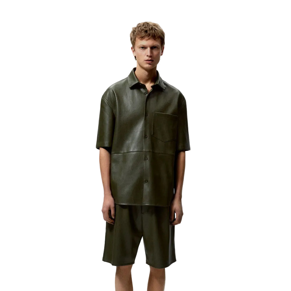 men's dark green leather shorts soren detail close up