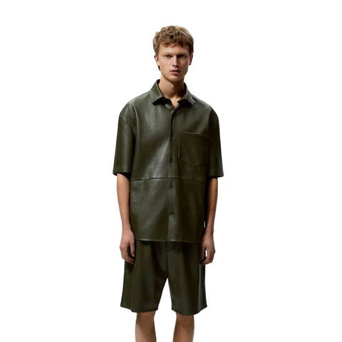 men's dark green leather shorts soren detail close up