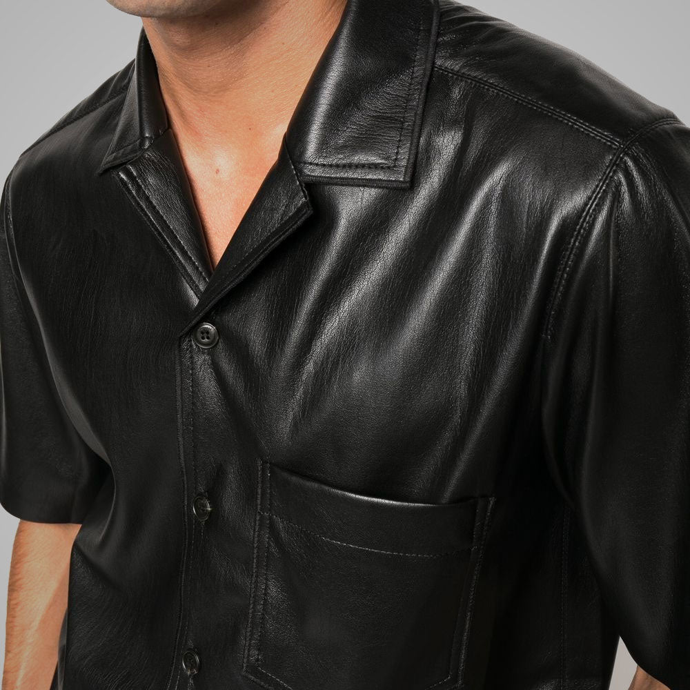 men's black leather shorts adler texture detail