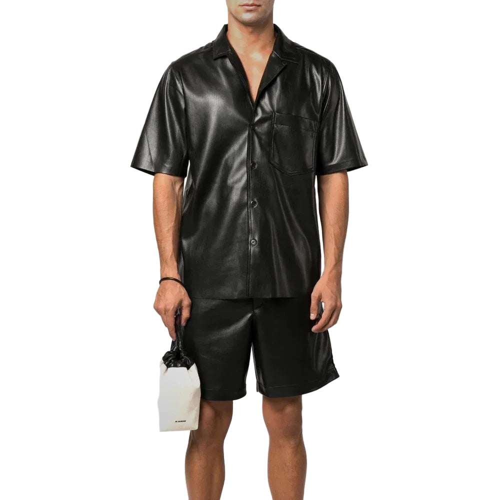men's black leather shorts adler detail close up